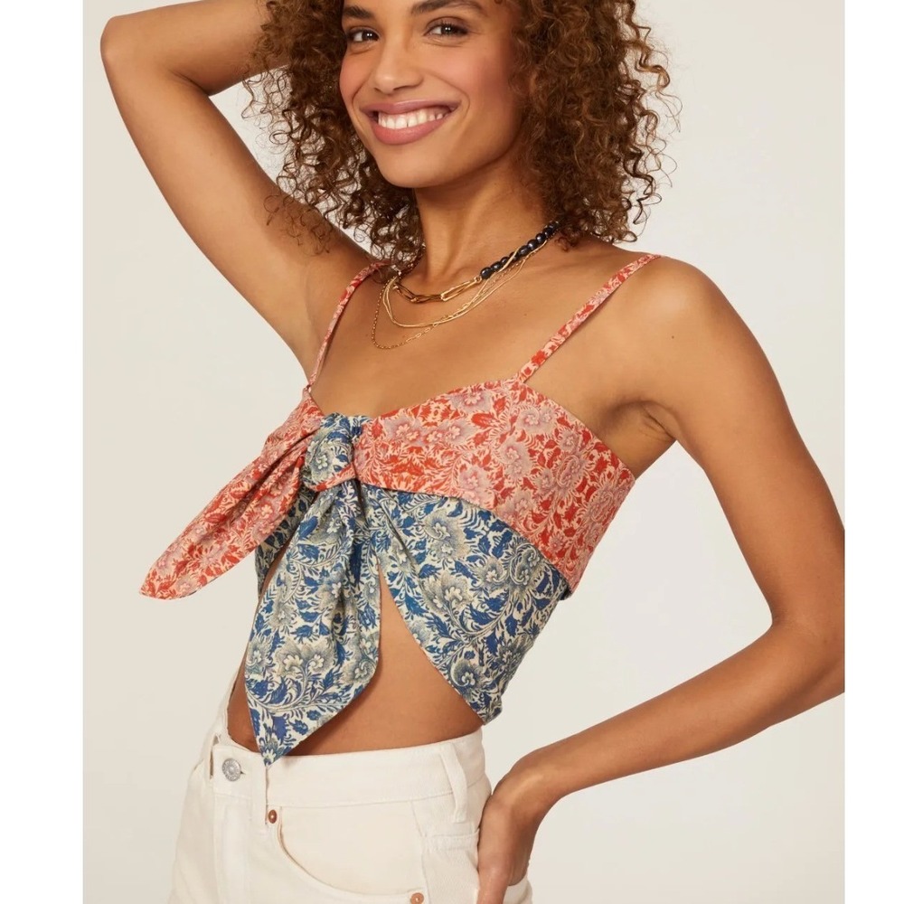 CAROLINA K Sienna Top Medium Multicolor Floral Boho Festival Tie Front Crop Tank